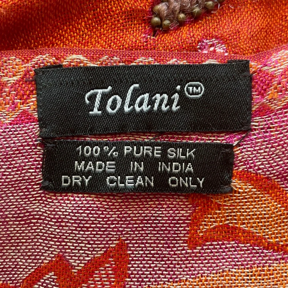 Tolani 100% Pure Silk Scarf Pink Orange Paisley Embroidered Sequin Beaded Fringe